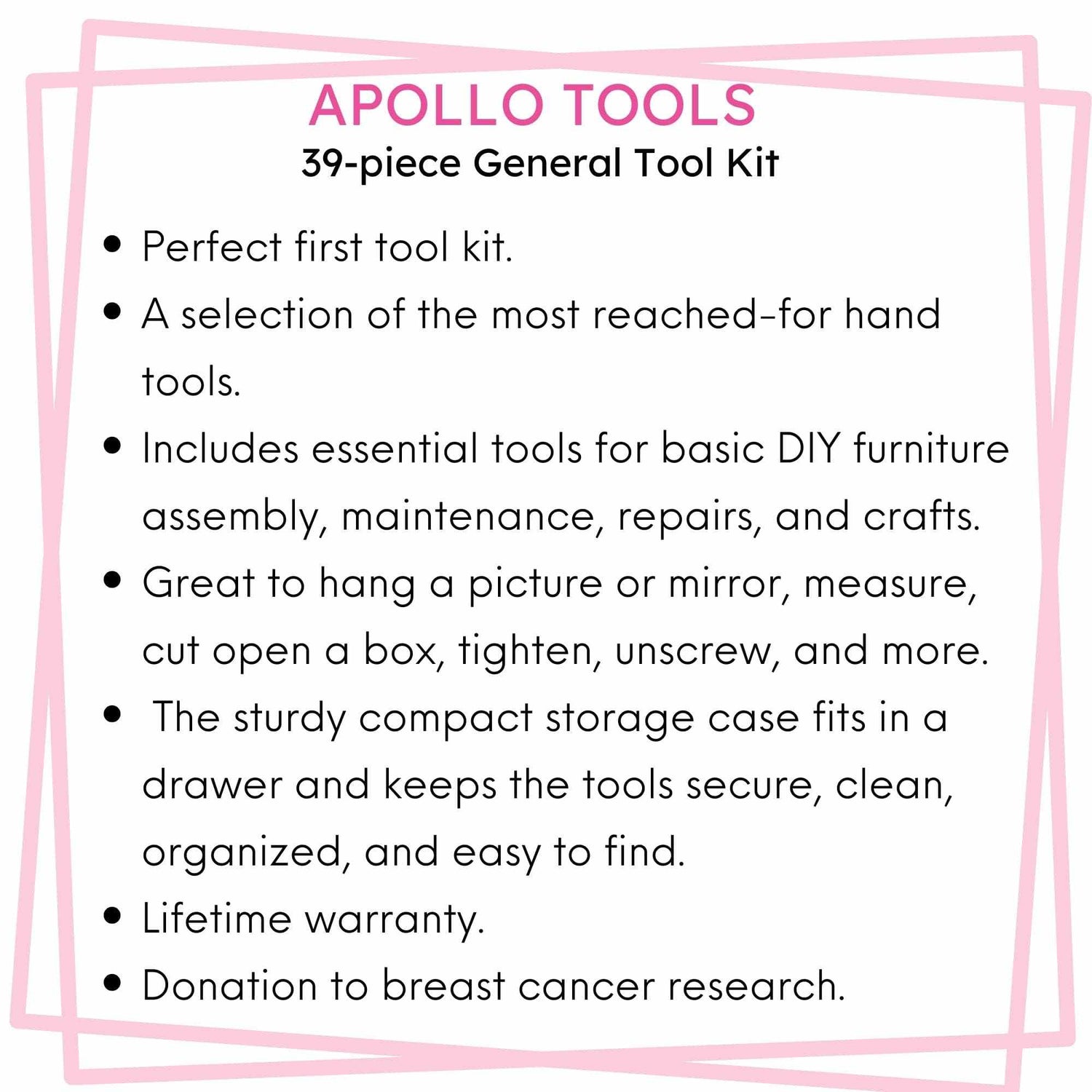Pink 39-piece Apollo Tools general tool set with compact storage case for DIY home maintenance and repairs