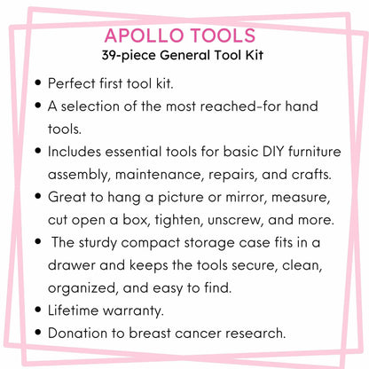 Pink 39-piece Apollo Tools general tool set with compact storage case for DIY home maintenance and repairs