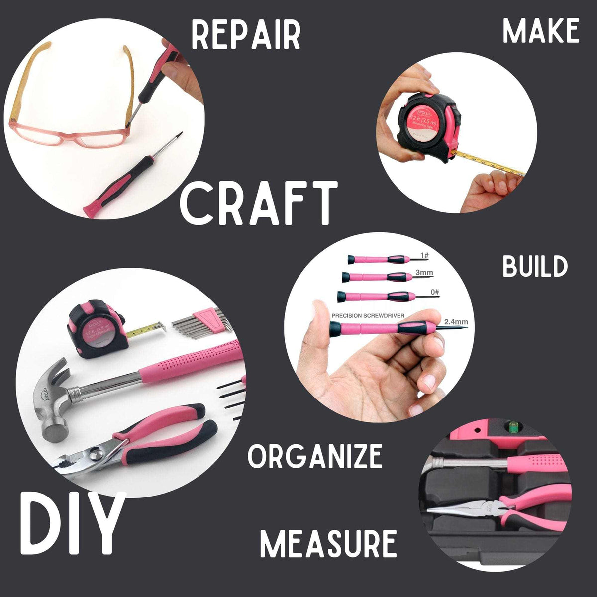 Apollo Tools 39-piece pink tool set with hammer, pliers, screwdrivers, tape measure, and storage case for DIY home repairs