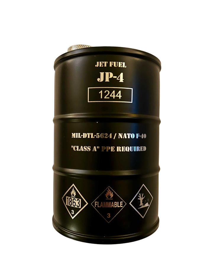 JP-4 Jet Fuel Flask shaped like vintage metal fuel barrel with hazard markings and matte finish