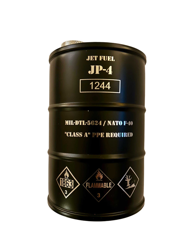 JP-4 Jet Fuel Flask shaped like vintage metal fuel barrel with hazard markings and matte finish