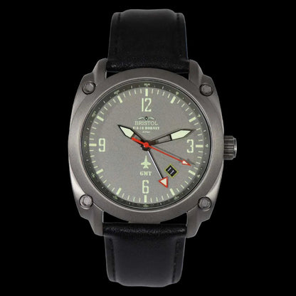 F-18 Hornet tribute watch with gunmetal case, gray dial, black leather strap, and GMT function