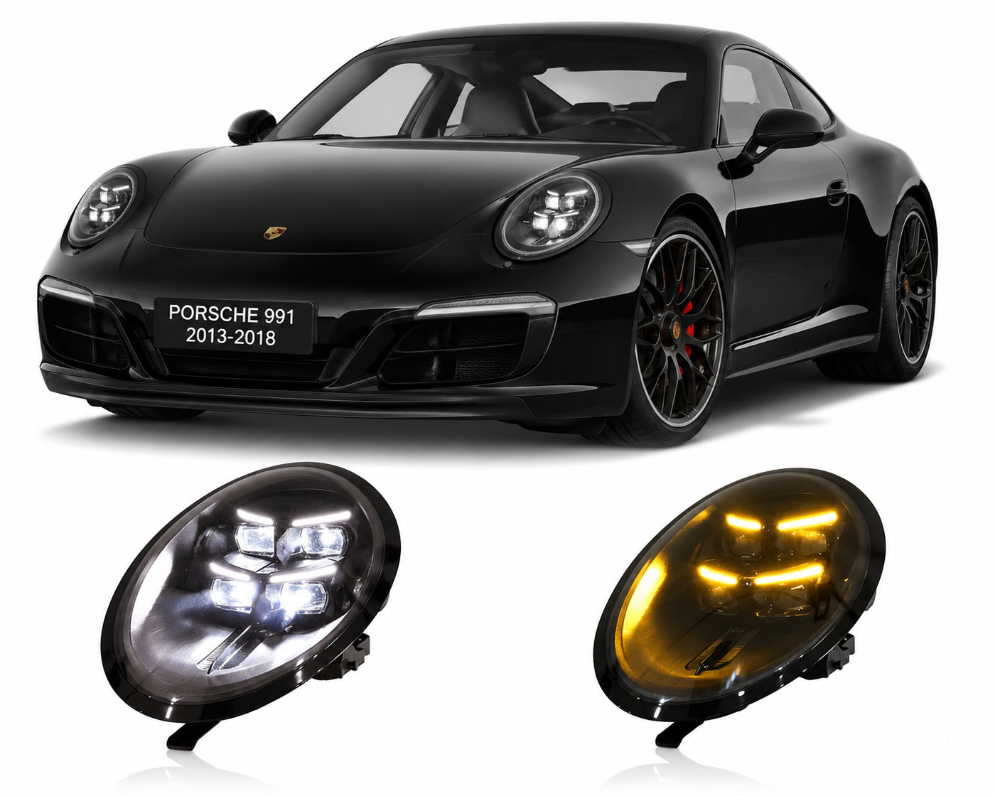 A black Porsche 911 coupe shown on a white background with two oval headlight assemblies below it, one showing a clear/white light setting and the other showing an amber/yellow light setting.