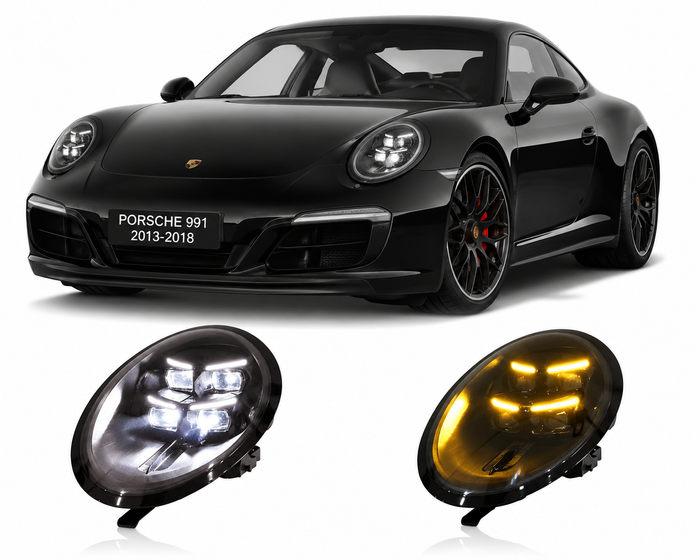 A black Porsche 911 coupe shown on a white background with two oval headlight assemblies below it, one showing a clear/white light setting and the other showing an amber/yellow light setting.