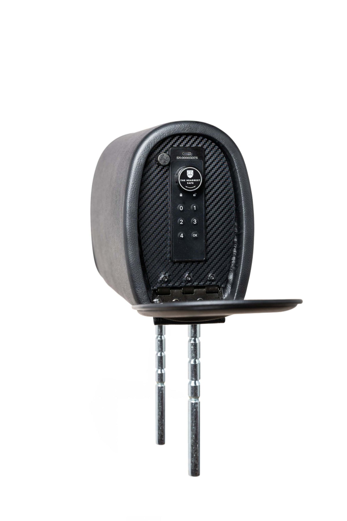 Compact Headrest Safe with keypad lock installed on car seat showing slim profile and open door