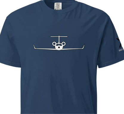 Navy blue unisex heavyweight t-shirt with private jet graphic on front made of 100% ring-spun cotton