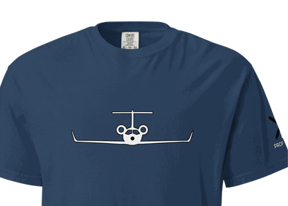 Blue heavyweight unisex cotton t-shirt with private jet graphic on front and propeller design on sleeve