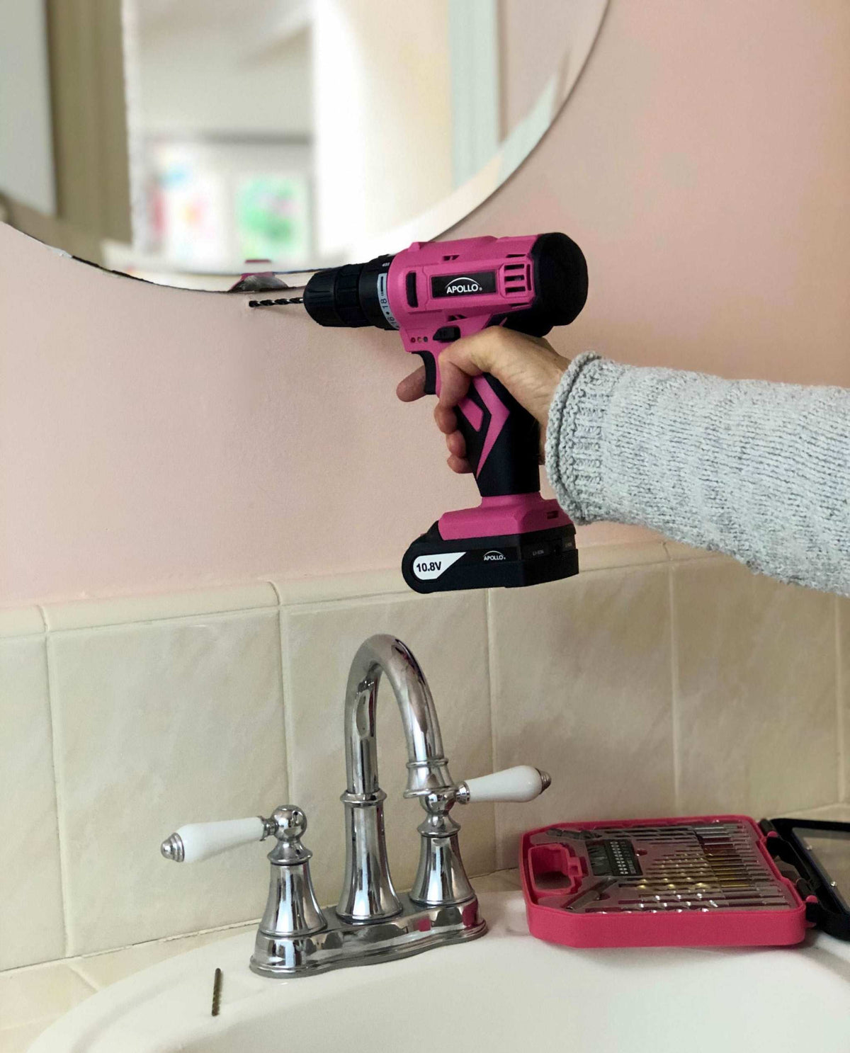 10.8 Volt Lithium-Ion cordless pink drill with 30-piece accessory set and keyless chuck