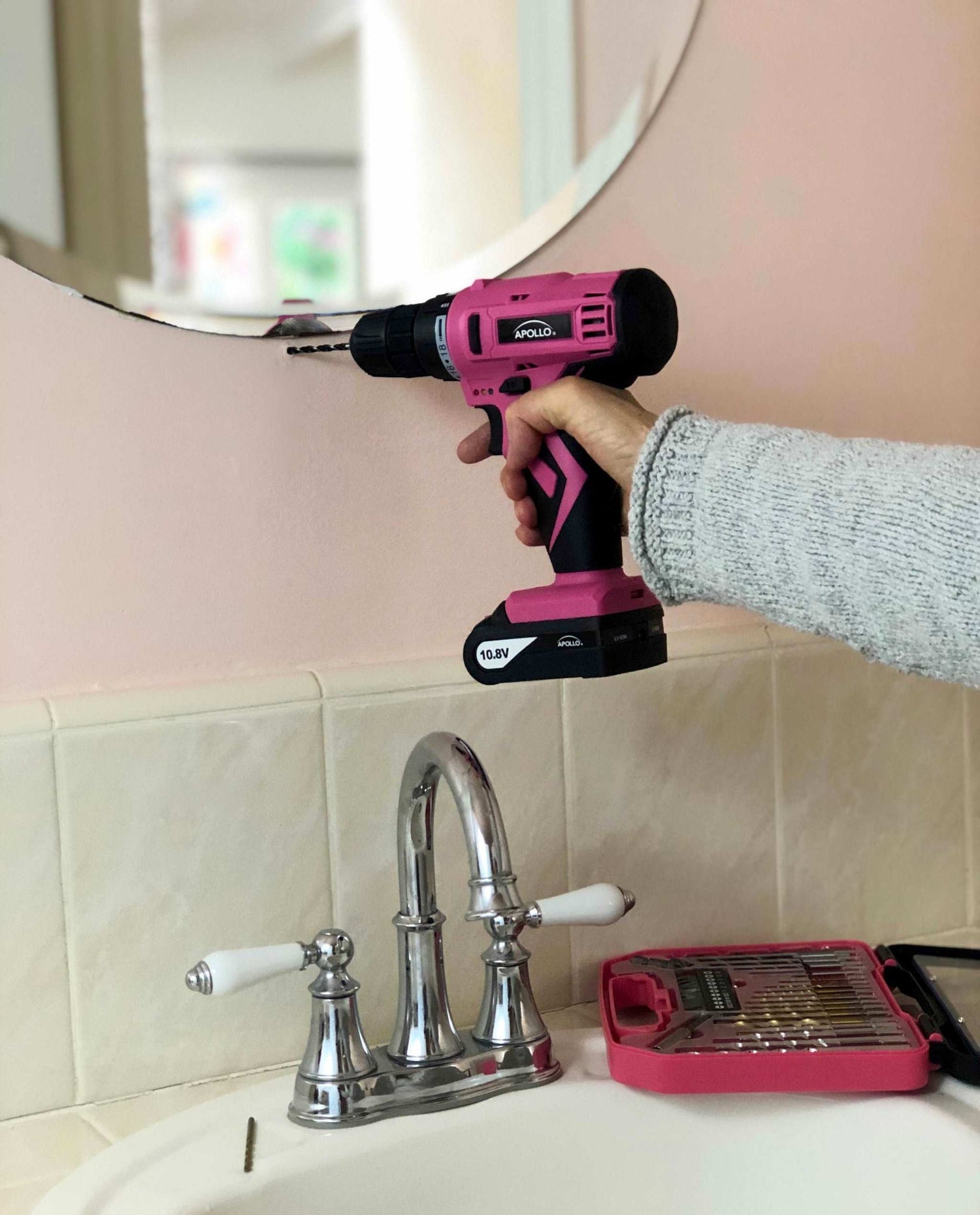 10.8 Volt Lithium-Ion cordless pink drill with 30-piece accessory set and keyless chuck