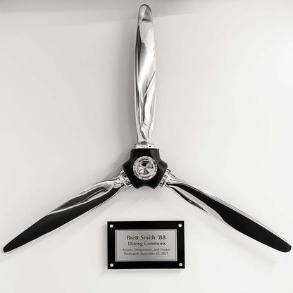 3-bladed McCauley aluminum metal airplane propeller wall sculpture with high polished chrome finish and black hub