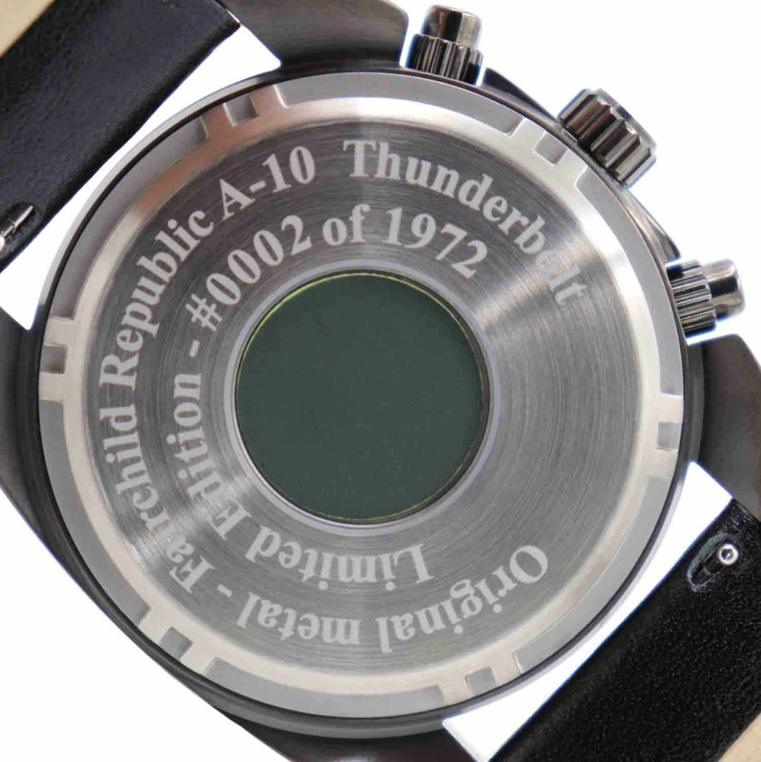 A-10 Thunderbolt tribute watch stainless steel case back with leather band