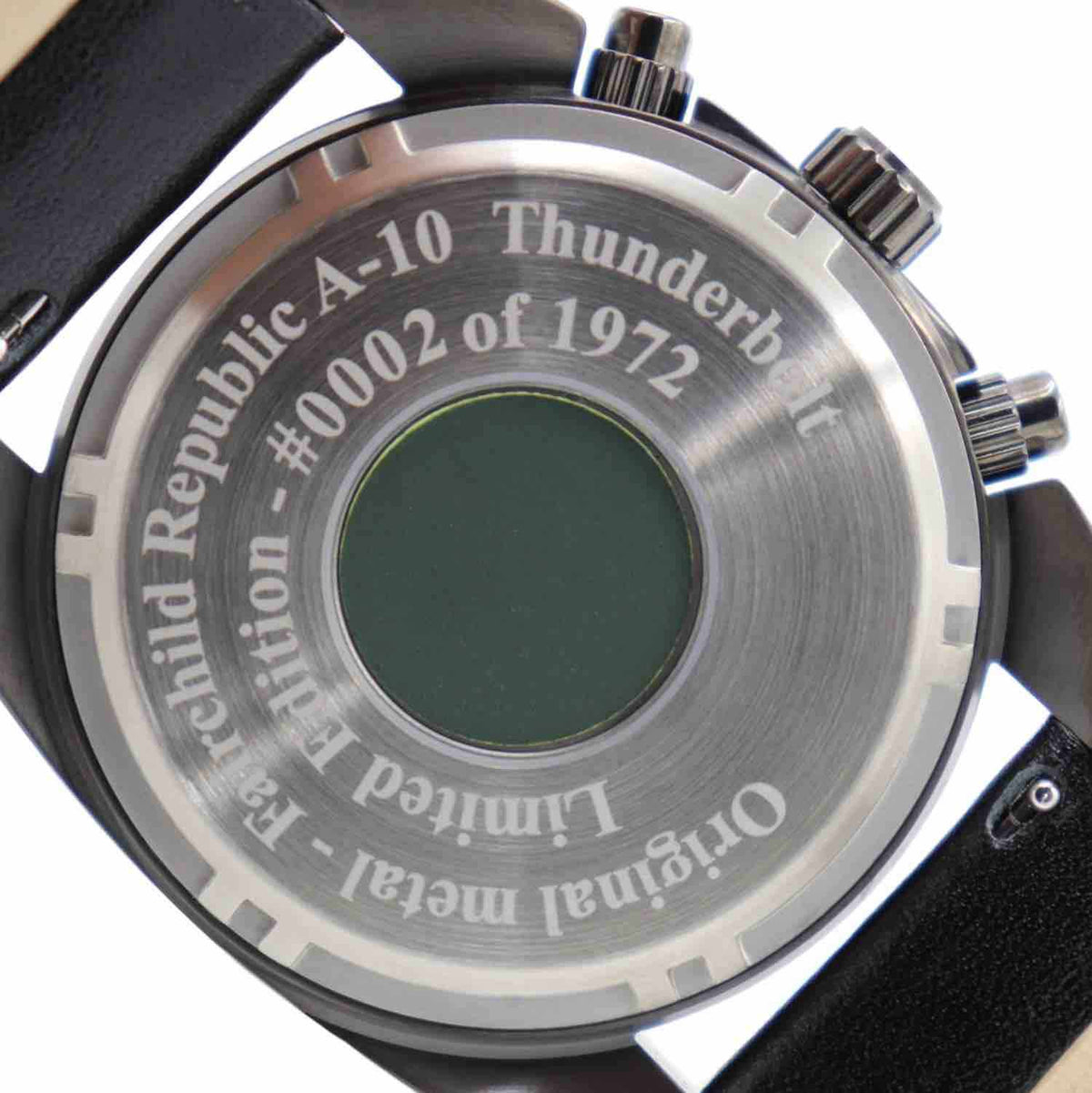 A-10 Thunderbolt tribute watch stainless steel case back with leather band