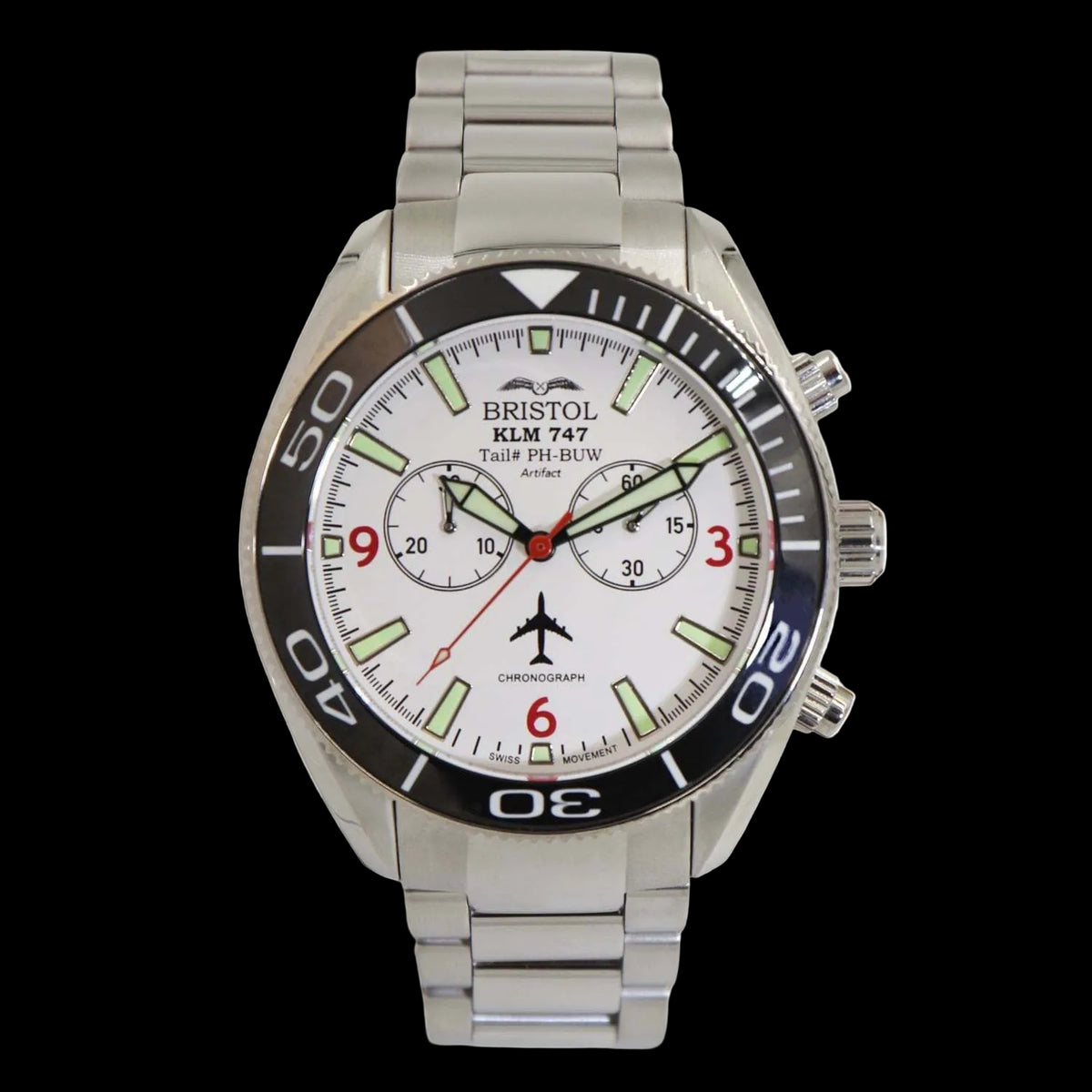747 Tribute watch with stainless steel case and white dial featuring KLM 747 airframe artifact