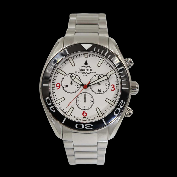 Space Shuttle Atlantis tribute watch with stainless steel case and white dial