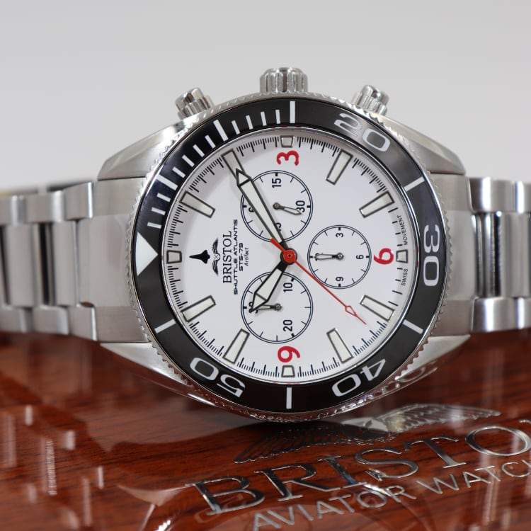 Space Shuttle Atlantis tribute watch with stainless steel case and white dial