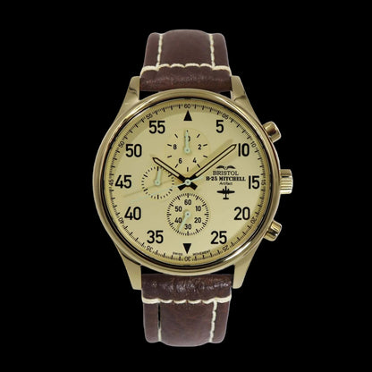 Gold finish B-25 Mitchell Tribute watch with beige dial and brown stitched leather band