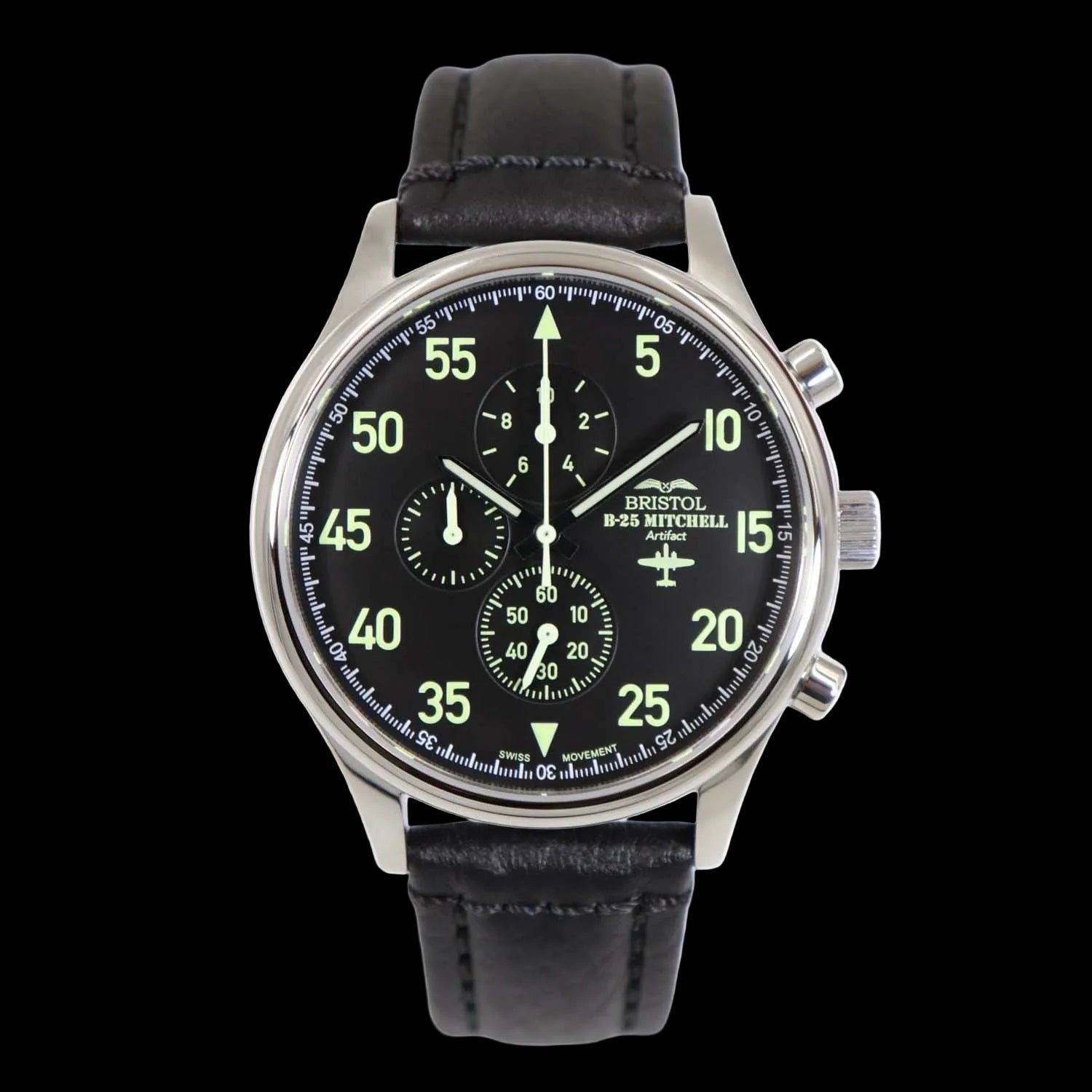 B-25 pilot watch with black leather band and stainless steel case for aviation enthusiasts