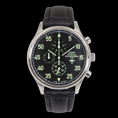 B-25 pilot watch with black leather band and stainless steel case for aviation enthusiasts