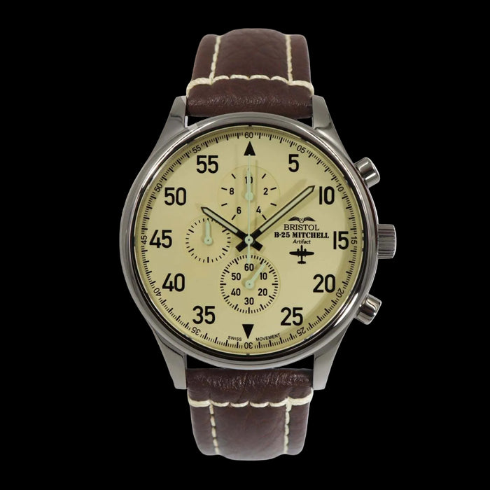 B-25 Mitchell tribute watch with polished stainless steel case, beige dial, and brown leather strap