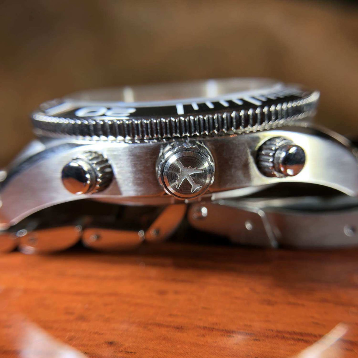 747 Tribute stainless steel watch with black dial and KLM 747 airframe artifact case back