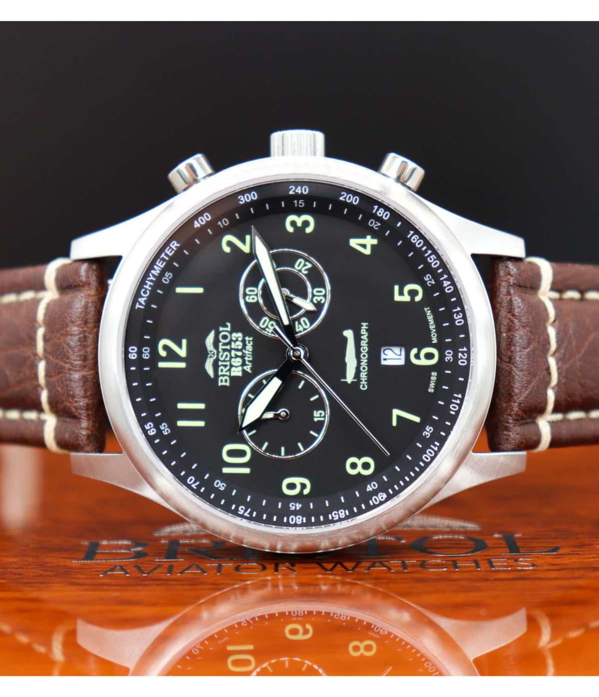 Spitfire R6753 Tribute watch with stainless steel brushed case and brown leather band