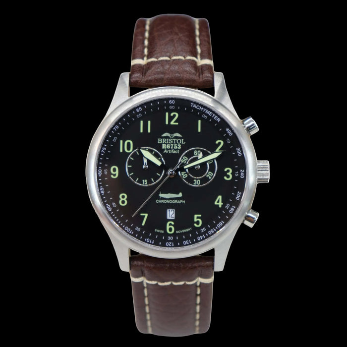 Wristwatch with brown leather strap and black dial on a white background