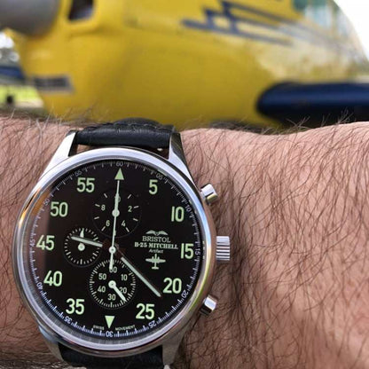 B-25 pilot watch with black leather band and stainless steel case inspired by B-25 Mitchell bomber aviation heritage