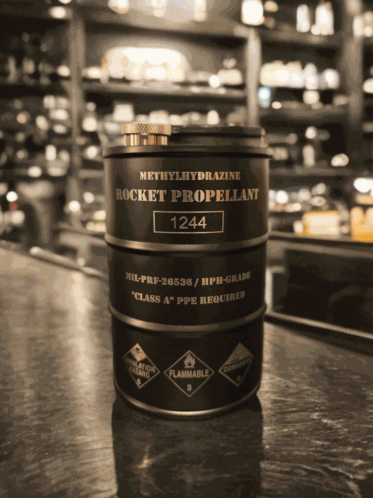 Rocket propellant flask shaped like NASA fuel drum with hazard markings for space enthusiasts