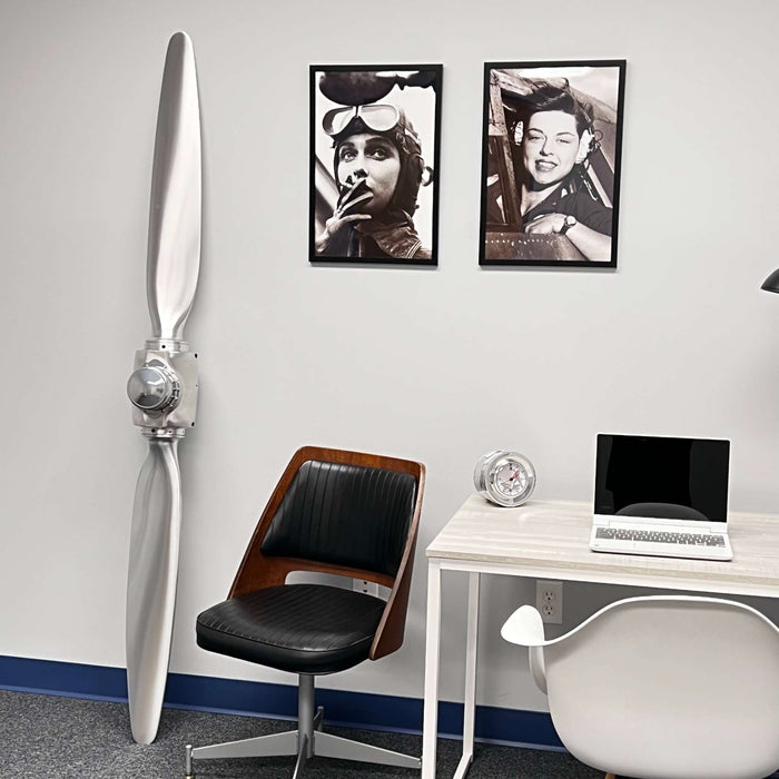 Brushed McCauley aluminum metal 2-bladed airplane propeller wall display with chrome cylinder and snap rings