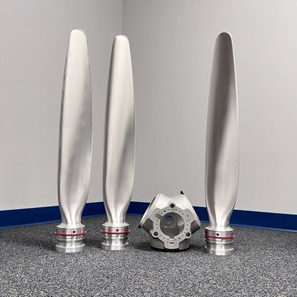 3-bladed McCauley aluminum airplane propeller with brushed finish and red snap rings wall display