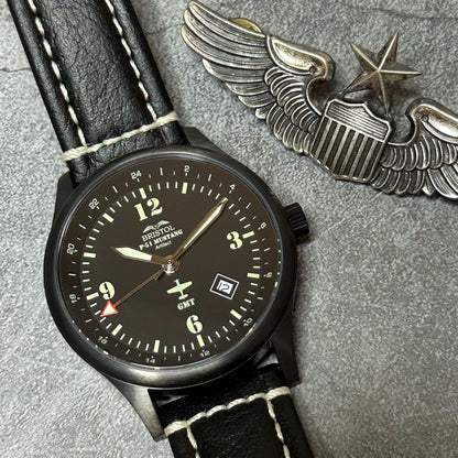 Black P-51 Mustang tribute watch with leather band and Swiss quartz movement and GMT function
