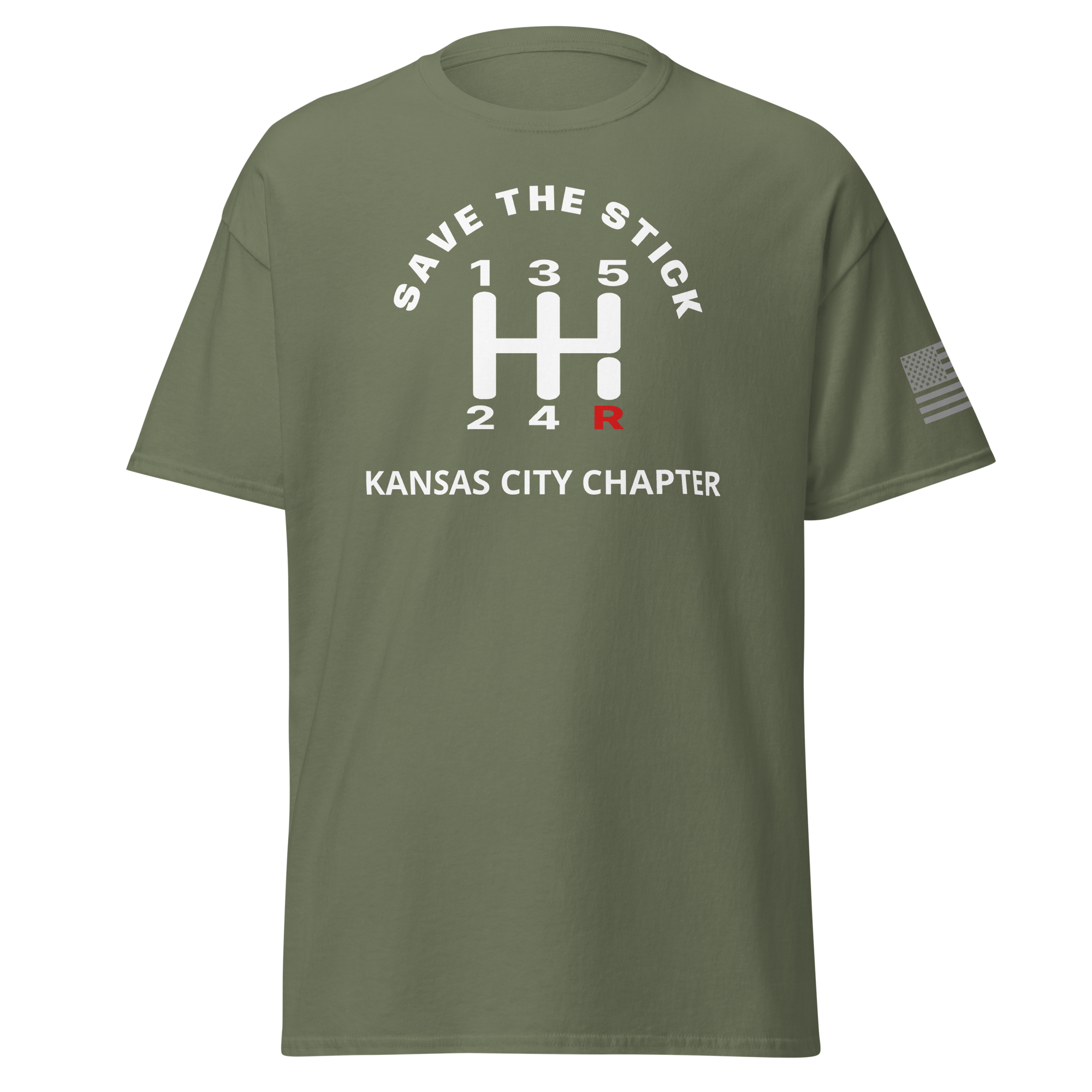 Custom Manual transmission shirt featuring 'Save the Stick' design for Kansas City Chapter car lovers.