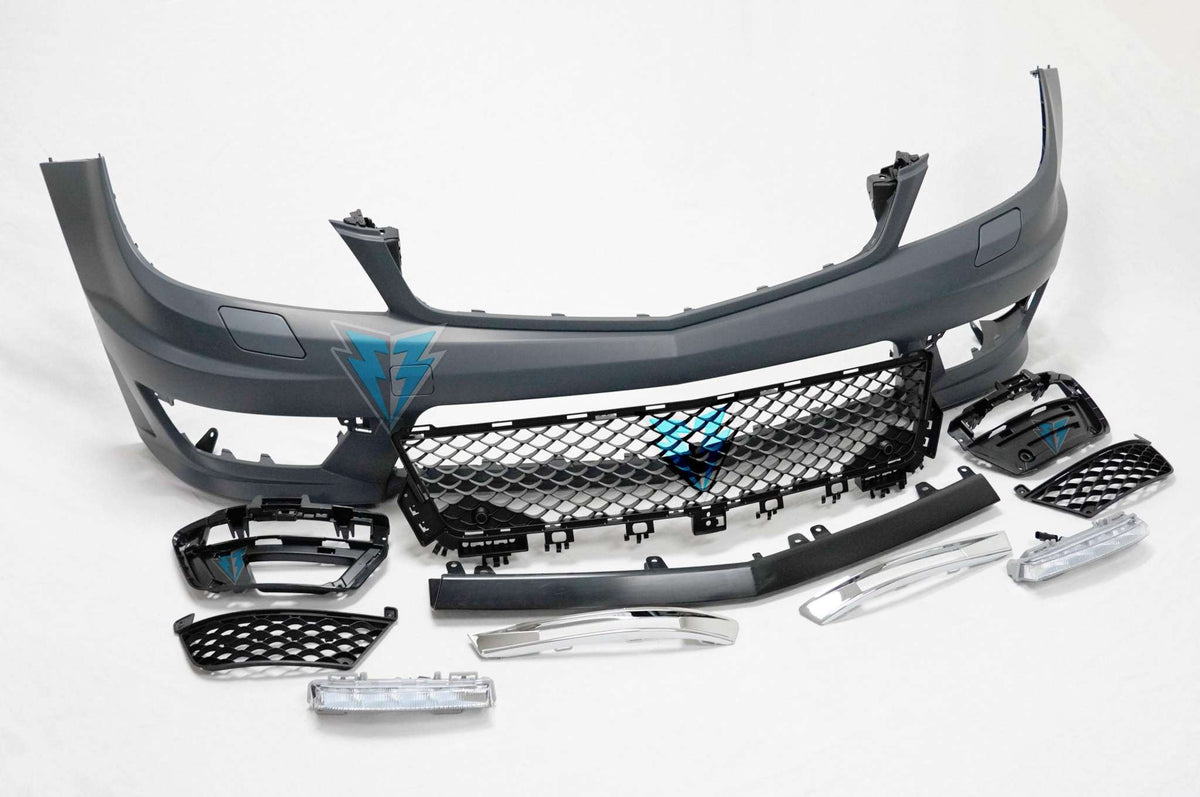 2012-2014 Mercedes Benz W204 facelift C63 AMG style front bumper conversion kit on luxury sedan front end