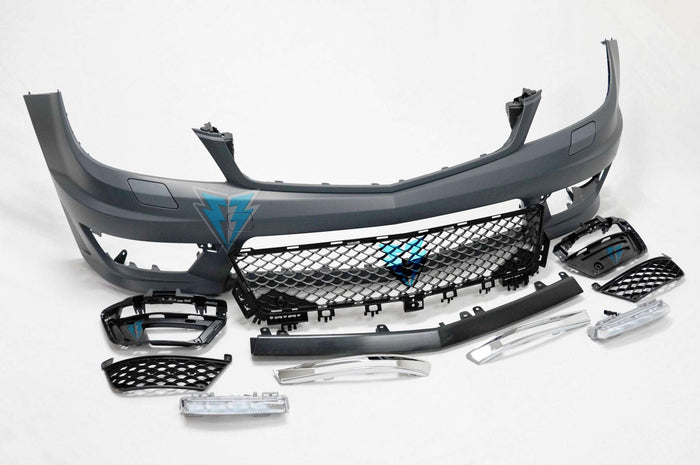 2012-2014 Mercedes Benz W204 facelift C63 AMG style front bumper conversion kit on luxury sedan front end