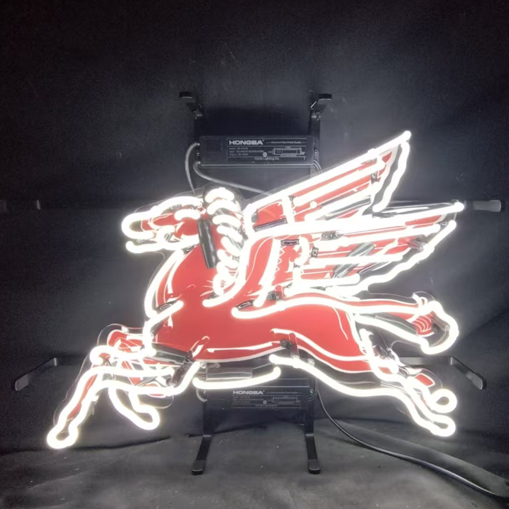Mobilgas Gas Oil Flyin Horse White Neon Signs Light - Prop and Piston