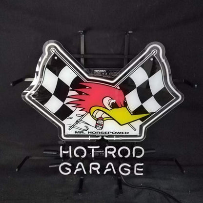Mr Horsepower hot rod garage neon sign with glass tube and metal grid backing for indoor use