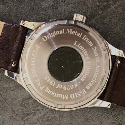 P-51 Mustang Tribute watch with polished stainless steel case, beige dial, and brown leather strap