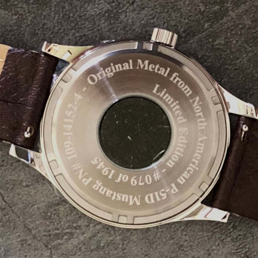 P-51 Mustang Tribute watch with stainless steel brush finish and brown leather band