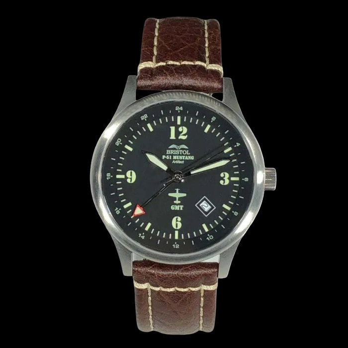P-51 Mustang Tribute watch with stainless steel brushed case, brown leather strap, and black dial featuring Swiss quartz movement and WWII aircraft artifact back