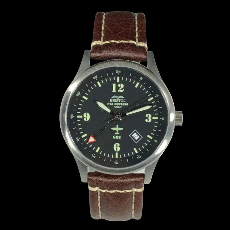 P-51 Mustang Tribute watch with brushed stainless steel case, black dial, and brown leather band