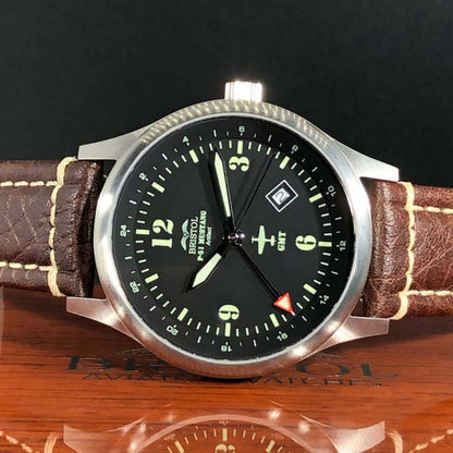 P-51 Mustang Tribute watch with stainless steel brushed finish and brown leather band