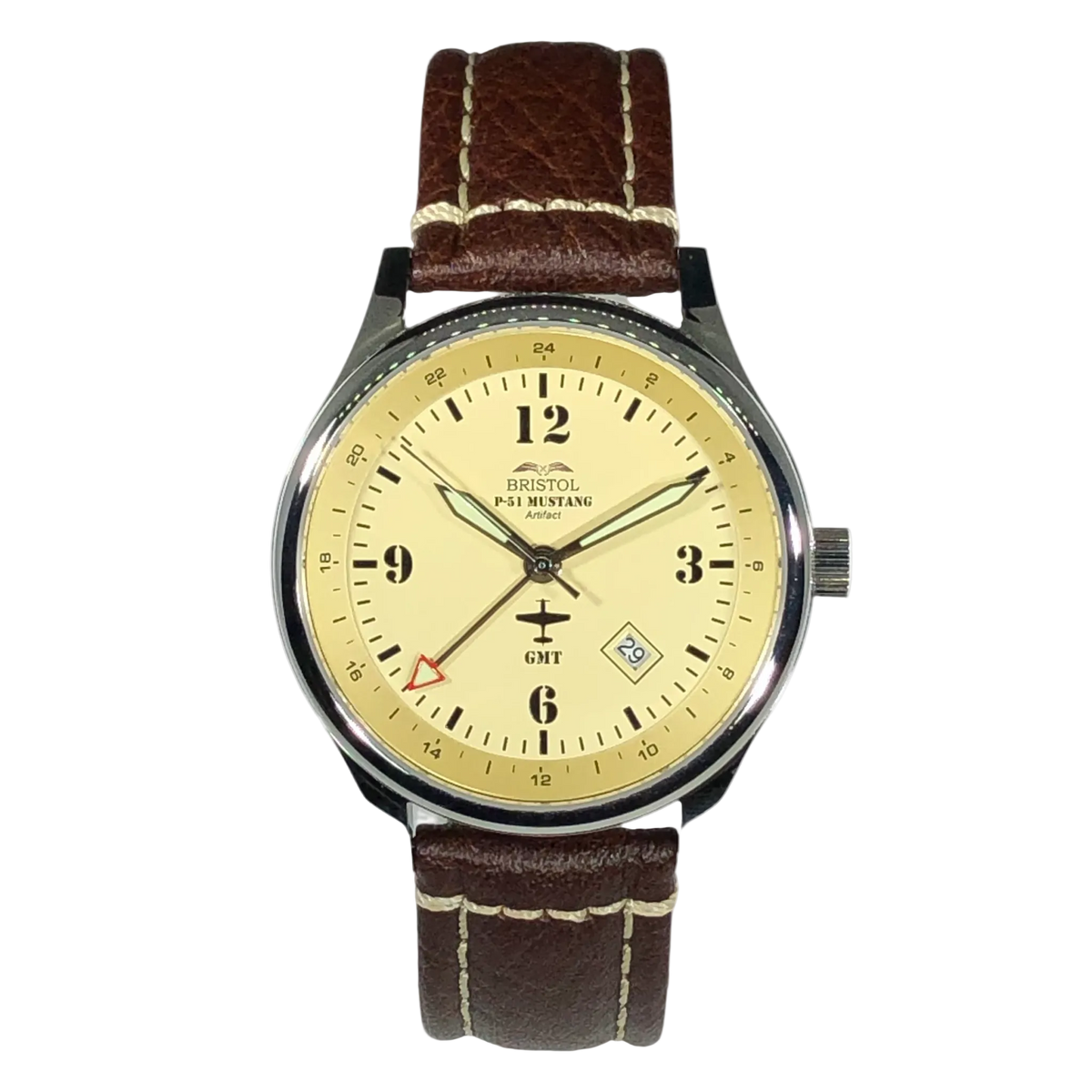 P-51 Mustang Tribute watch with polished stainless steel case, beige dial, and brown leather strap