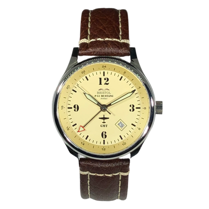 P-51 Mustang Tribute watch with polished stainless steel case, beige dial, and brown leather strap