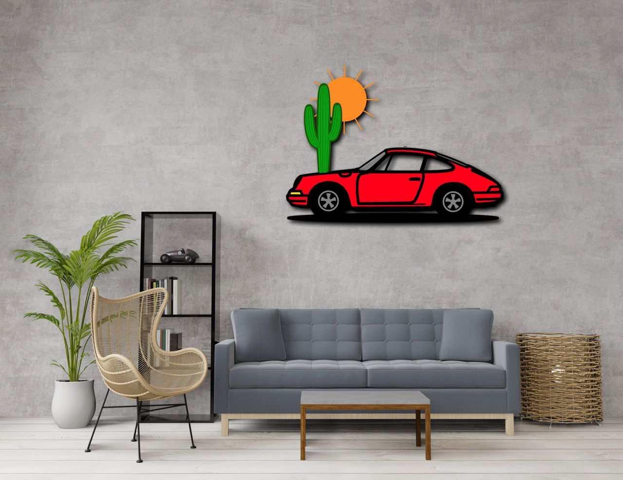 Desert sunset sports car wall sign with red car, cactus, and sun indoor outdoor metal decor
