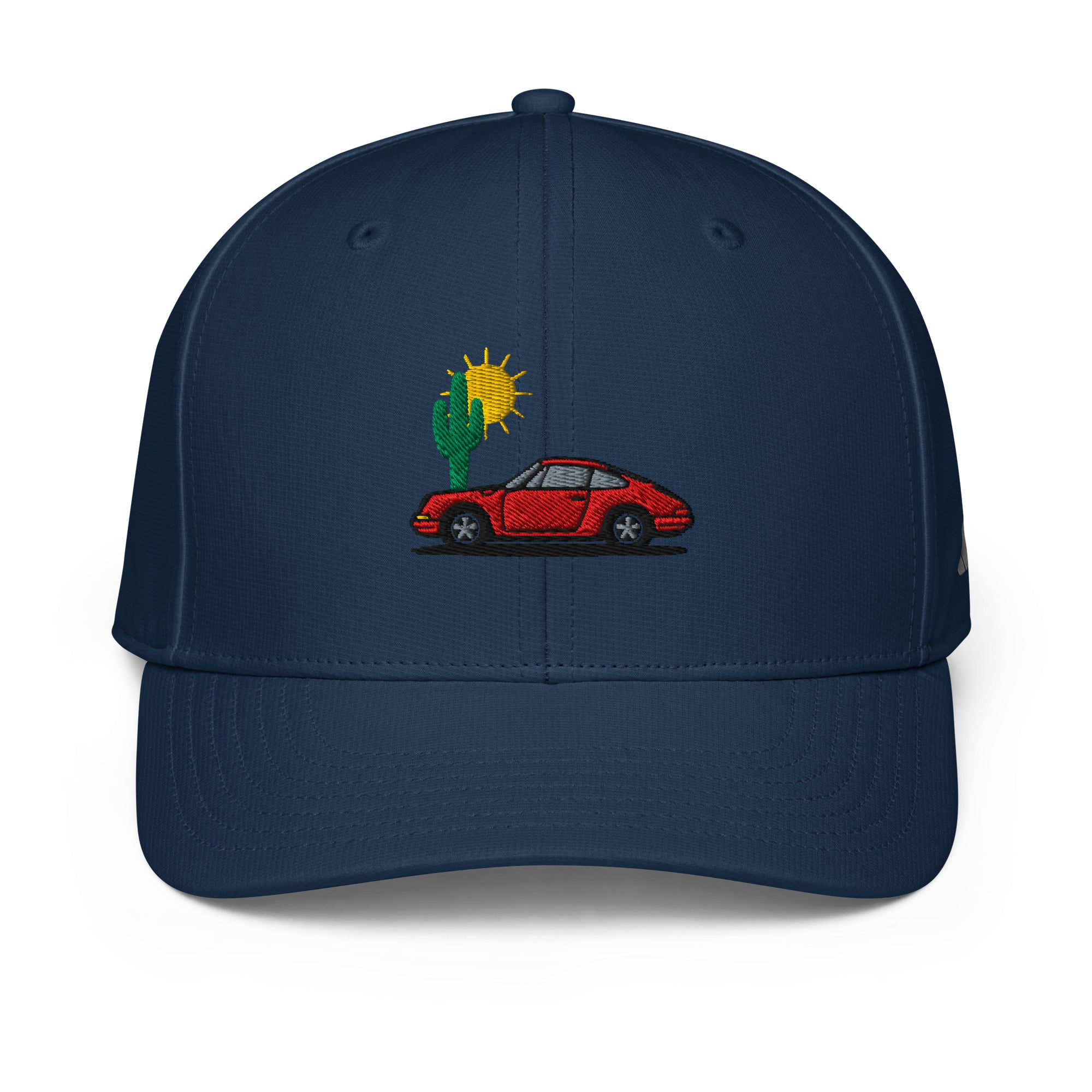 A structured six‑panel Adidas performance snapback cap in Collegiate Navy (also available in Black and Collegiate Royal) featuring a bold embroidered red sports‑car and cactus patch on the front. Made with 100% recycled, moisture‑wicking polyester fabric with UPF 50+ sun protection. It includes a pre‑curved visor, moisture‑management sweatband, Adidas logo embroidered on the left side panel, and a colored snapback closure matching the cap