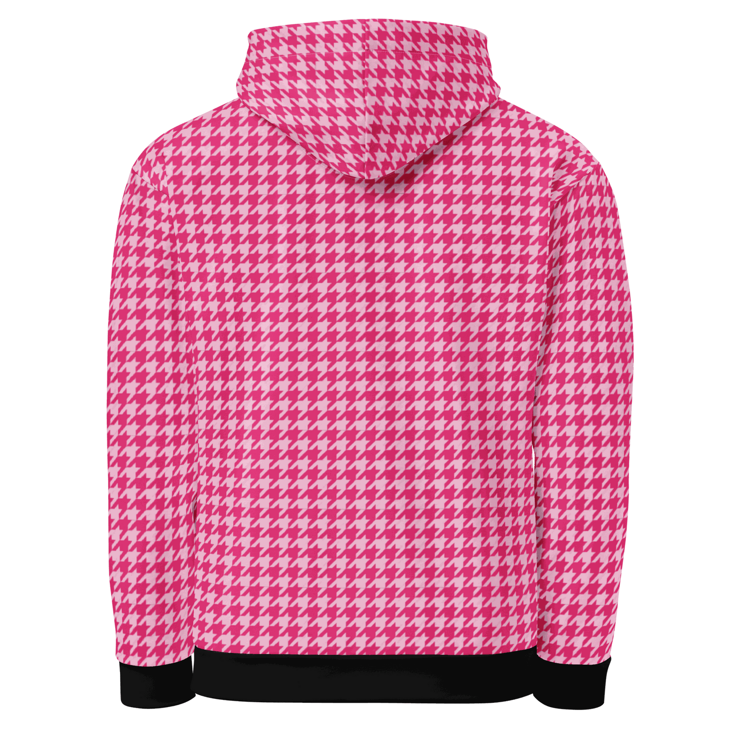 Back view of pink and white houndstooth motorcycle hoodie with black cuffs and waistband
