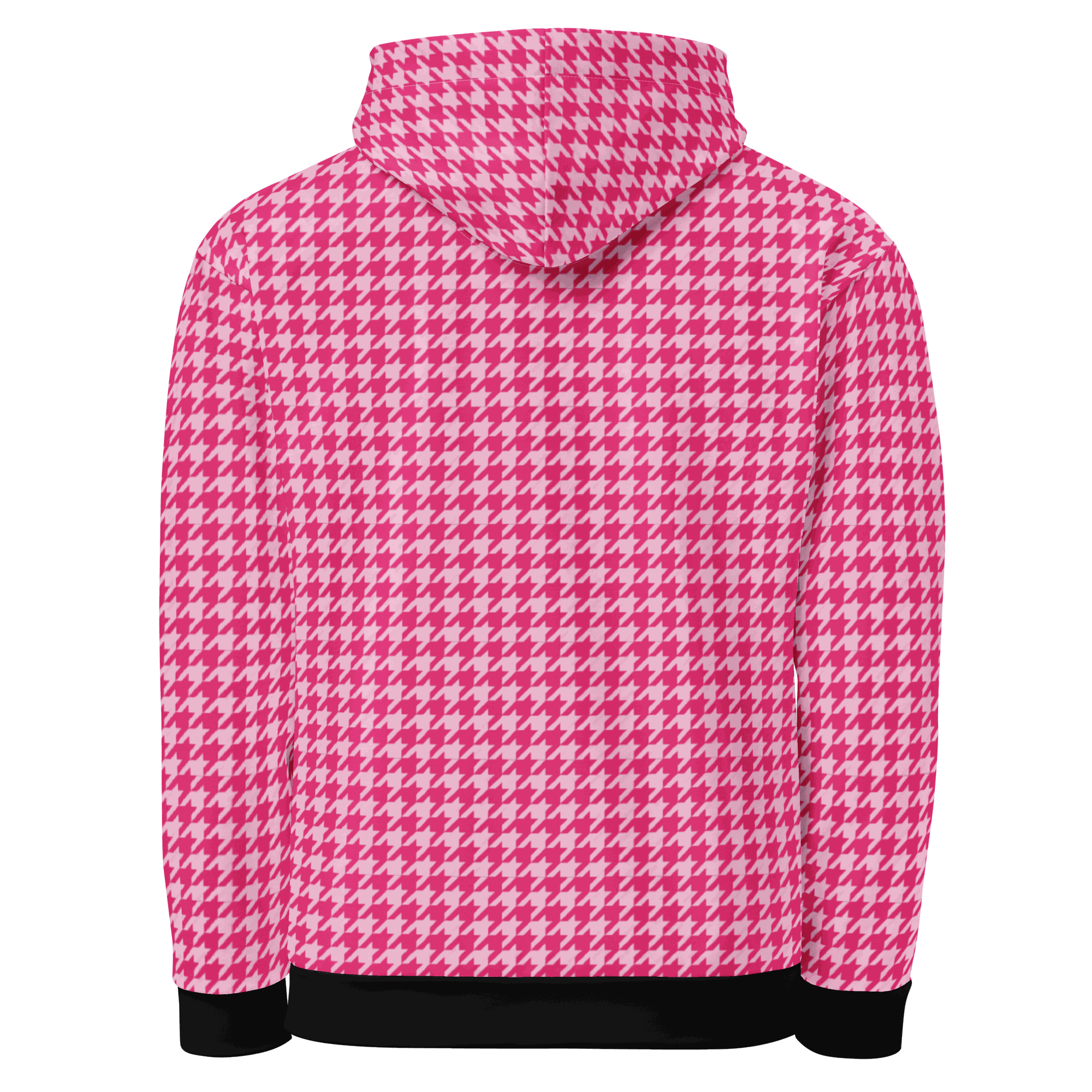 Back view of pink and white houndstooth motorcycle hoodie with black cuffs and waistband