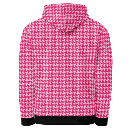 Back view of pink and white houndstooth motorcycle hoodie with black cuffs and waistband
