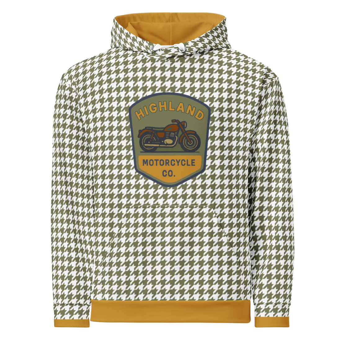 Houndstooth Motorcycle Hoodie with green and white pattern and Highland Motorcycle logo, soft brushed fleece inside, unisex fit