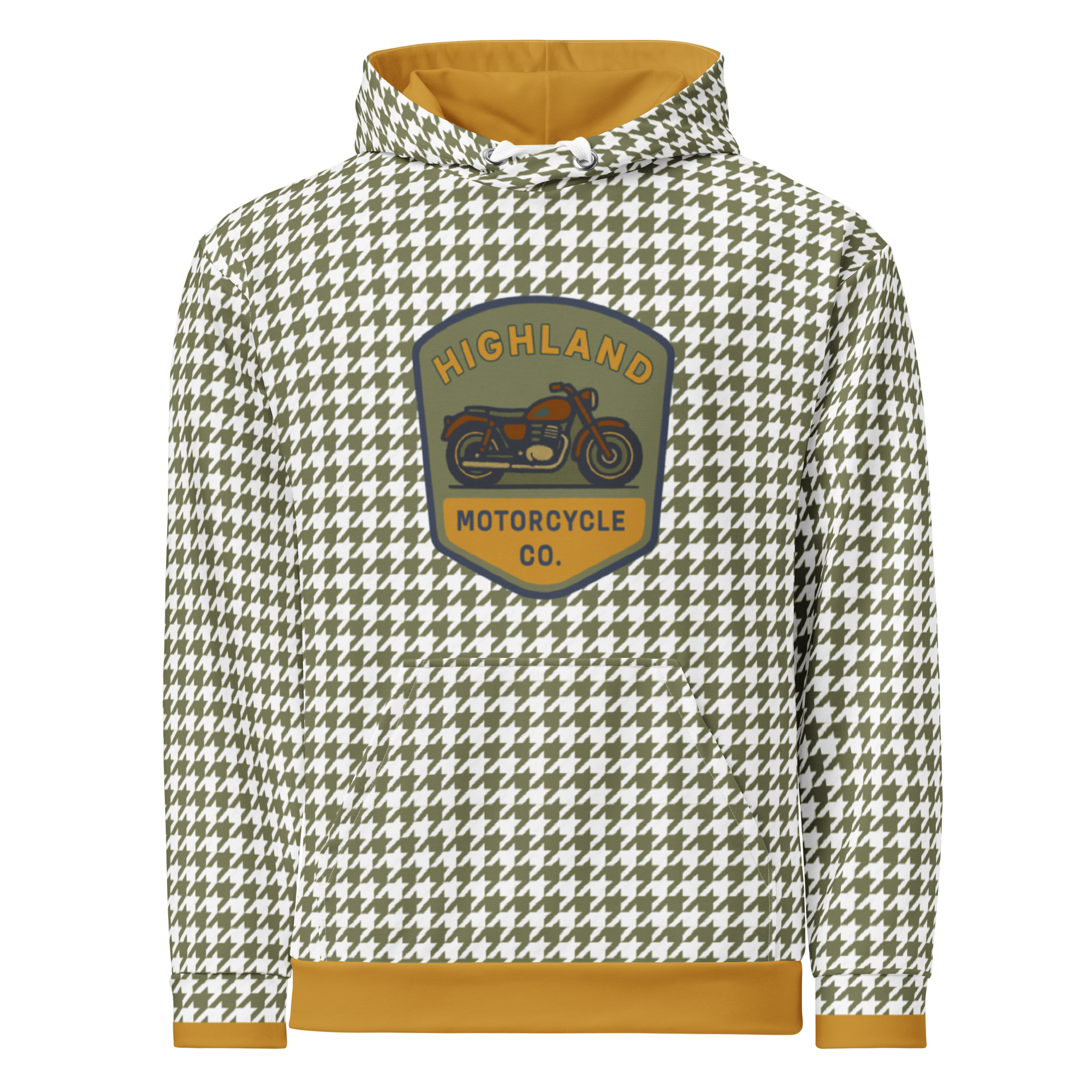 Houndstooth Motorcycle Hoodie with green and white pattern and Highland Motorcycle logo, soft brushed fleece inside, unisex fit